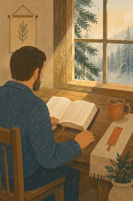 Morning Bible Reading by Evergreen Window