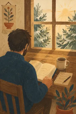 Morning Bible Reading by Evergreen Window