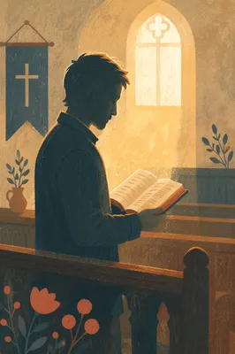 Man Reading Bible in Morning Chapel Light