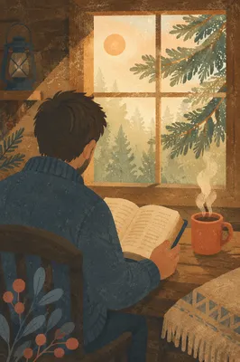 Man Reading Bible in Morning Cabin Light