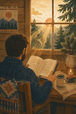 Man Reading Bible in Morning Cabin Light