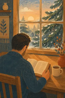 Morning Bible Reading by Frosted Evergreen Window