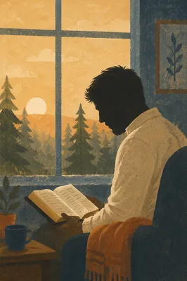 Morning Bible Devotion by Evergreen Window