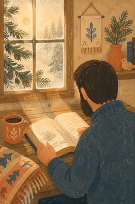 Morning Bible Reading by Evergreen Window