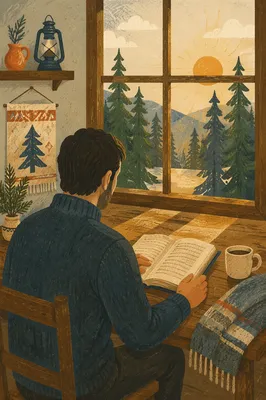 Man Reading Bible in Morning Cabin Light