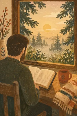 Man Reading Bible in Morning Evergreen Light