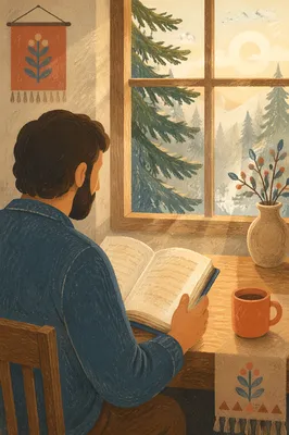 Morning Bible Reading by Evergreen Window