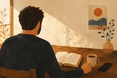 Morning Bible Reading at Wooden Desk