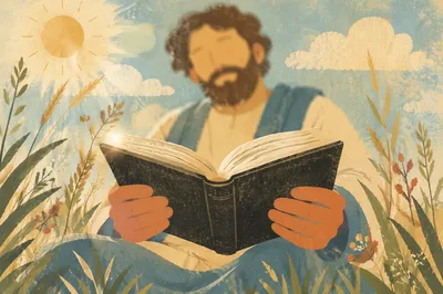 Man Reading Bible in Morning Meadow