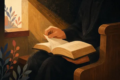 Morning Light Bible Reading on Wooden Pew