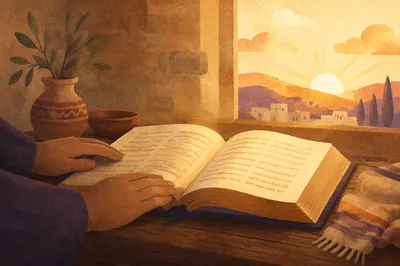 Morning Bible Devotion with Hands in Warm Light