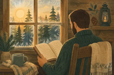 Man Reading Bible in Morning Cabin Light