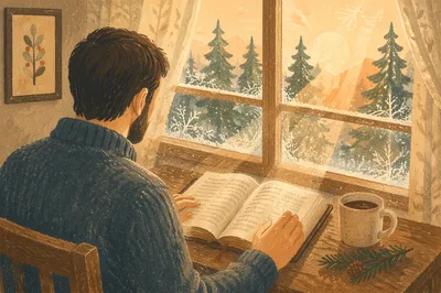 Morning Bible Reading Beside Evergreen Window