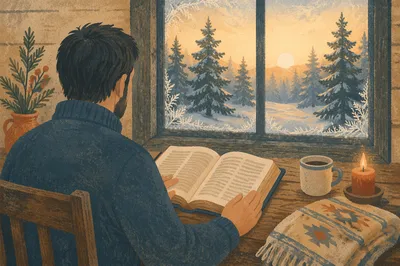 Man Reading Bible in Morning Pine Light
