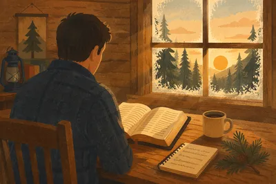 Man Reading Bible in Morning Cabin Light