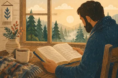 Man Reading Bible in Evergreen Morning Light