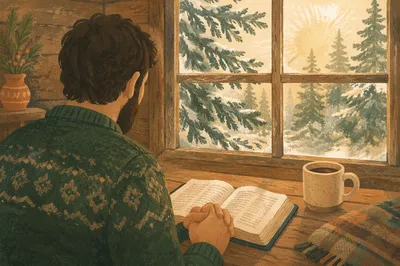 Man Reading Bible in Morning Cabin Light