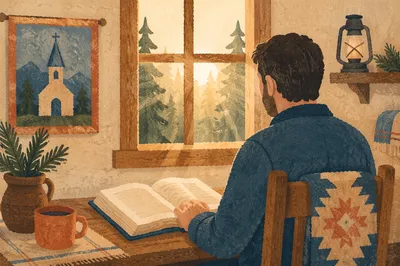 Man Reading Bible in Morning Cabin Light