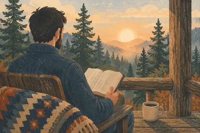 Man Reading Bible in Morning Pines