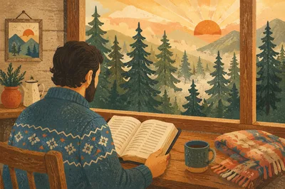 Man Reading Bible in Morning Cabin Light