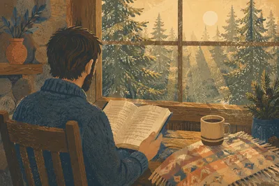 Man Reading Bible in Morning Cabin Light