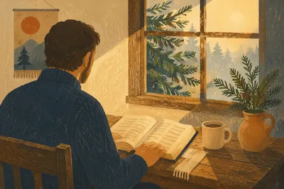 Morning Bible Reading by Evergreen Window