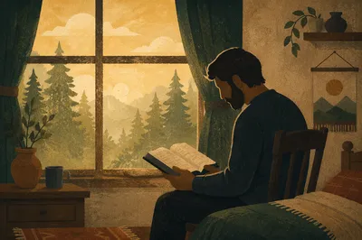 Man Reading Bible in Morning Window Light