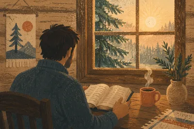 Man Reading Bible in Morning Cabin Light