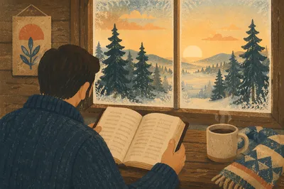 Morning Bible Reading by Evergreen Cabin Window