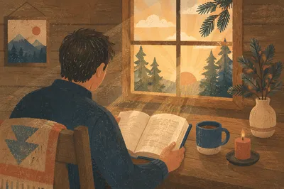 Man Reading Bible in Morning Cabin Light