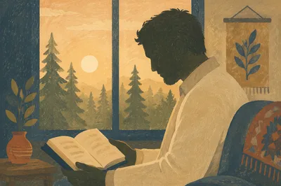 Morning Bible Devotion by Evergreen Window