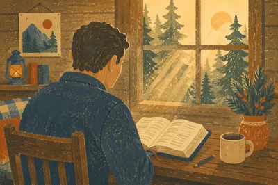 Morning Bible Reading in Evergreen Cabin