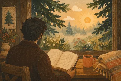 Man Reading Bible in Morning Evergreen Light