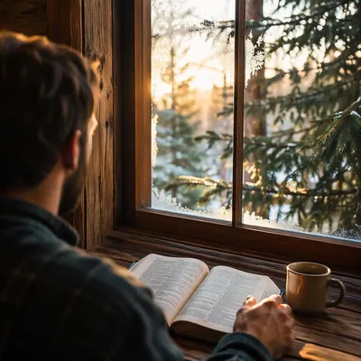 Morning Bible Reading by Evergreen Cabin Window