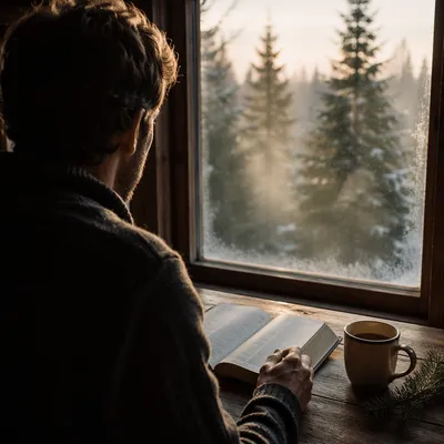 Morning Bible Reading by Evergreen Window