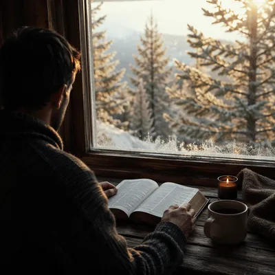 Man Reading Bible by Winter Pines