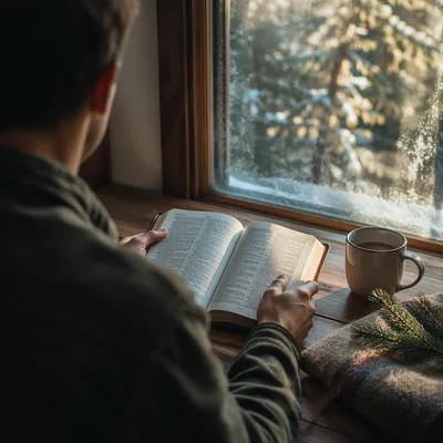 Morning Bible Reading by Frosted Window