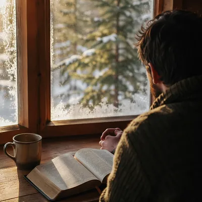 Man Reading Bible in Morning Cabin Light