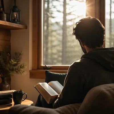 Man Reading Bible in Morning Cabin Light