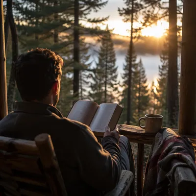 Man Reading Bible in Morning Pines