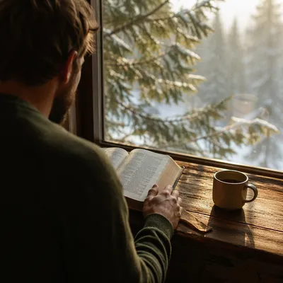 Man Reading Bible in Morning Evergreen Light