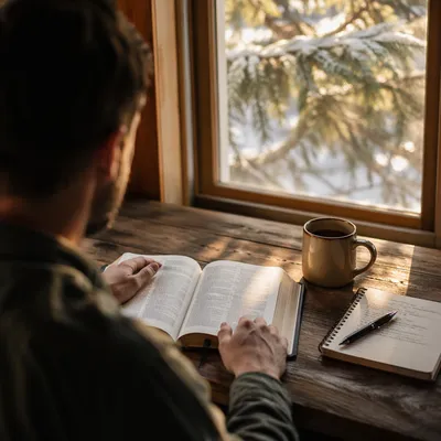 Morning Bible Devotion by Evergreen Window