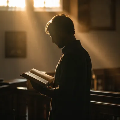 Man Reading Bible in Morning Chapel Light