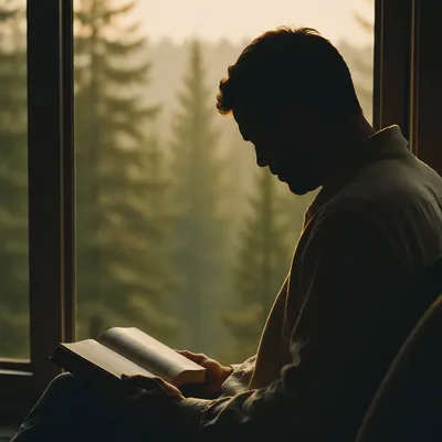 Morning Bible Reading by Evergreen Window