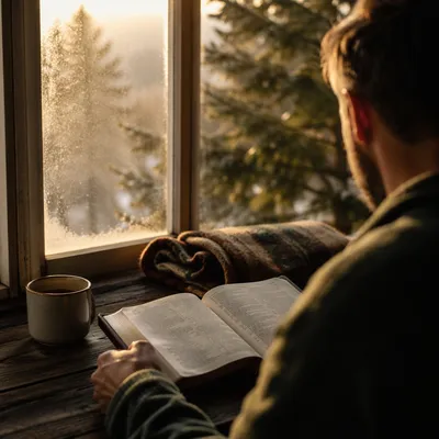 Man Reading Bible in Morning Evergreen Light