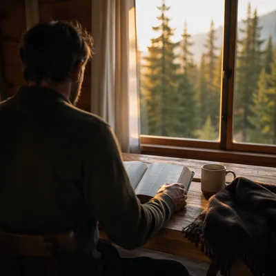 Man Reading Bible in Morning Cabin Light