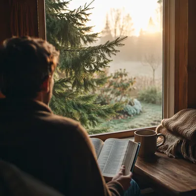 Man Reading Bible in Morning Evergreen Light