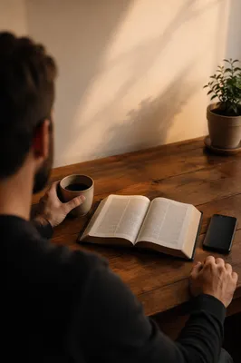 Morning Devotion at a Wooden Desk