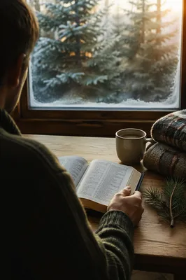 Morning Bible Reading by Evergreen Window