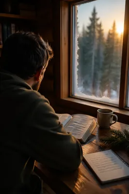 Man Reading Bible in Morning Cabin Light